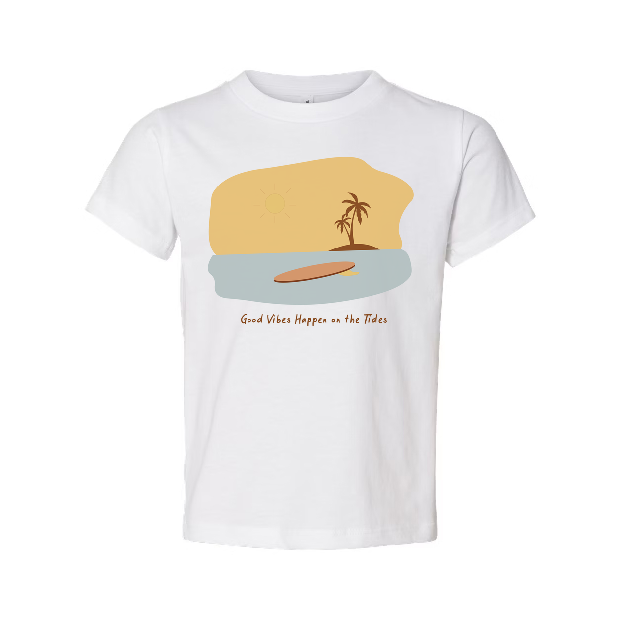 Unisex Surfing Graphic T Shirt With Surfboard Sunset Beach Scene And Palm Tree Artwork