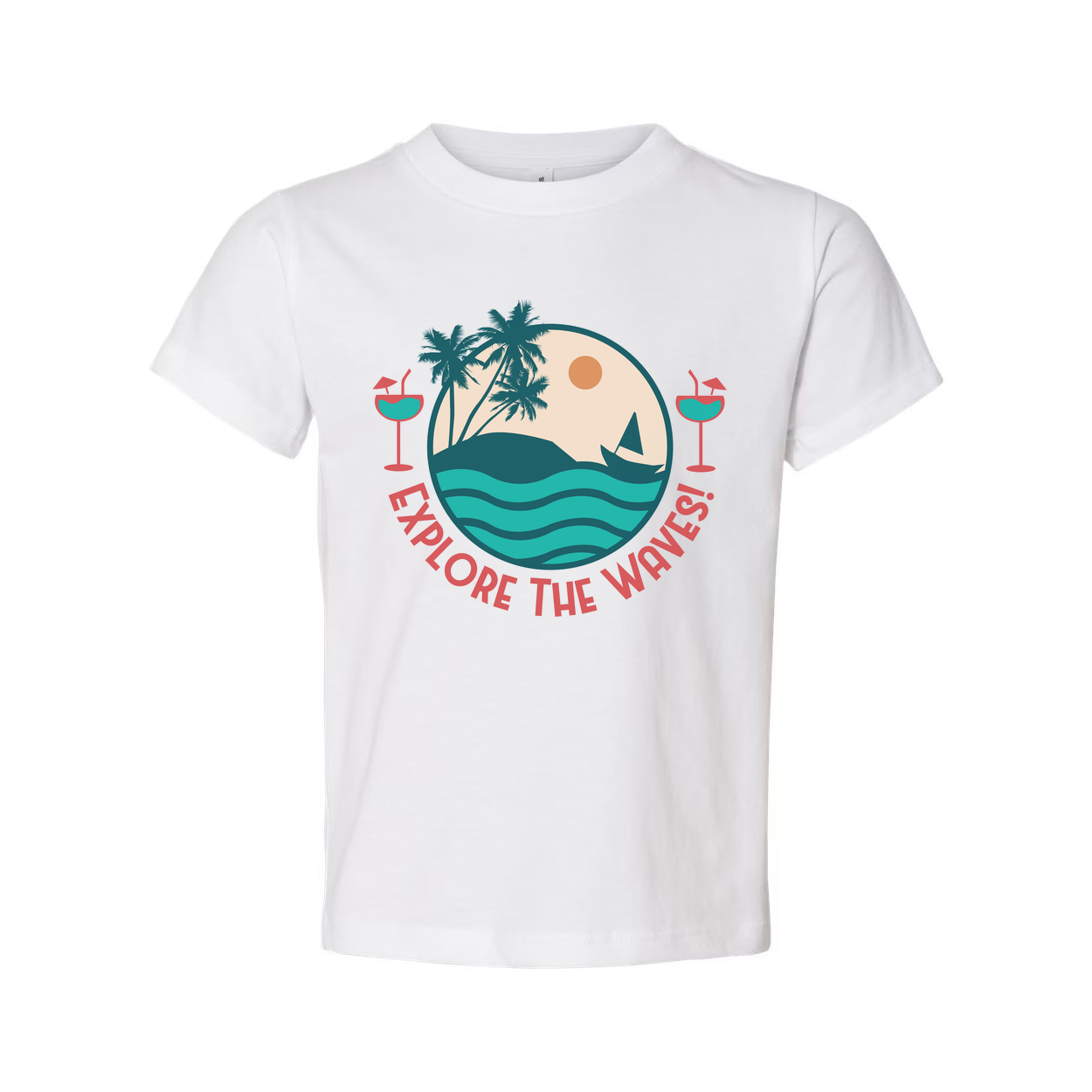Unisex Surfing Graphic Tee With Circle Beach Scene Palm Trees Waves And Explore The Waves Text