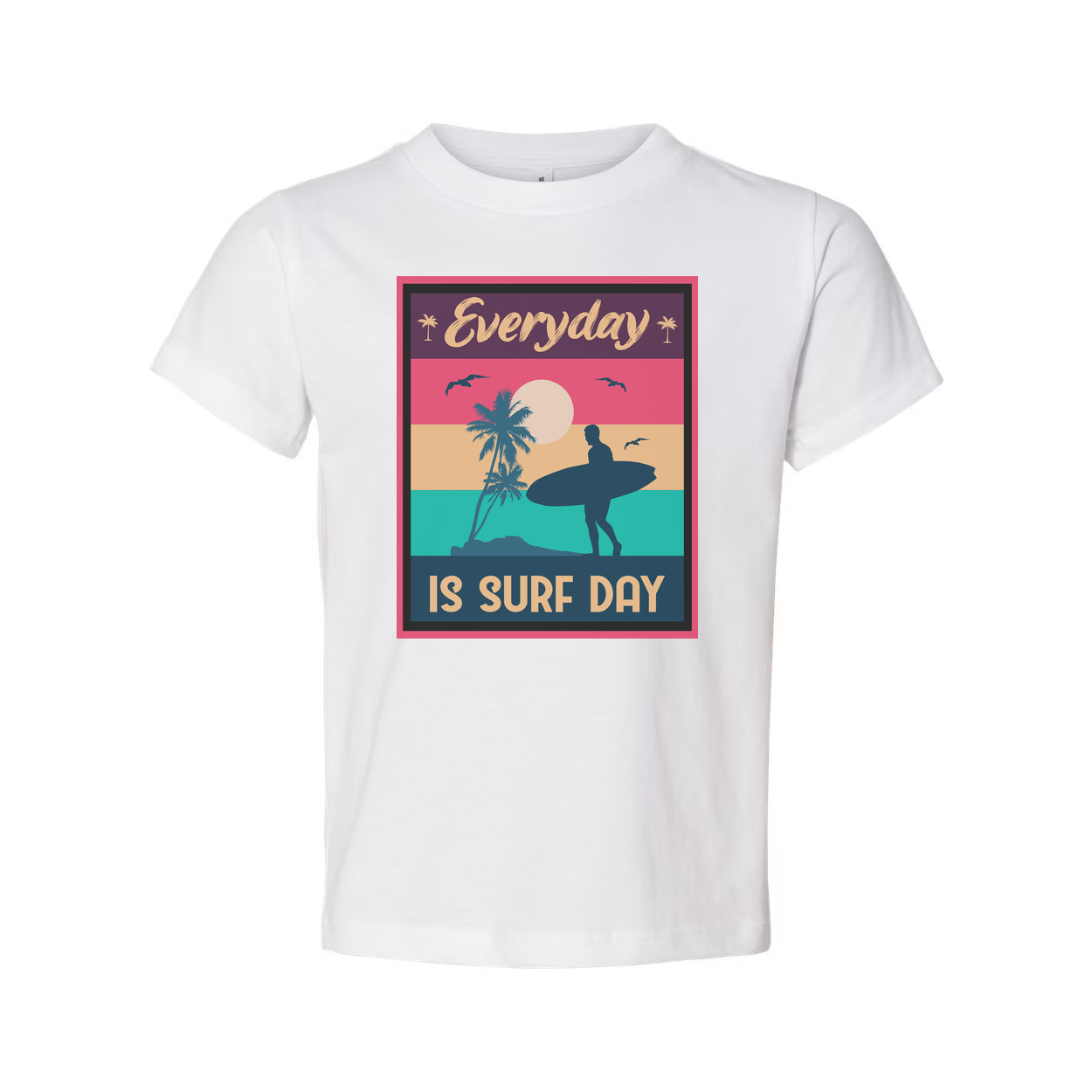 Everyday Is Surf Day Unisex Graphic Tee With Retro Sunset Beach Surfer Silhouette