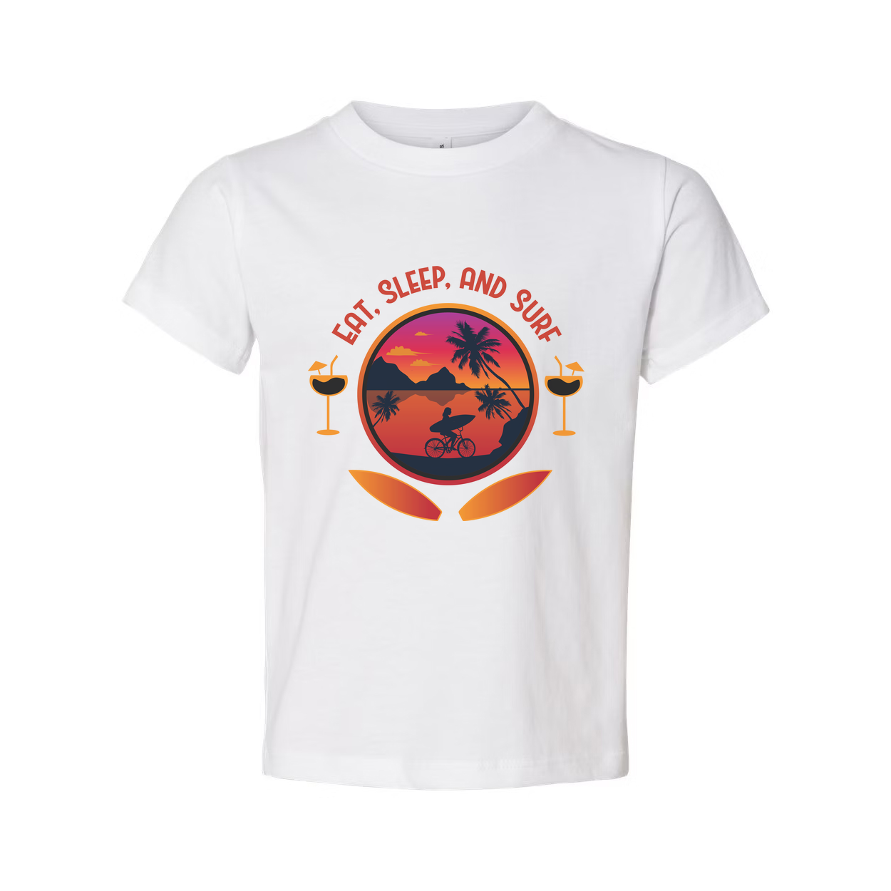 Eat Sleep And Surf Graphic Tee For Unisex Wear With Sunset Beach Scene And Palm Trees