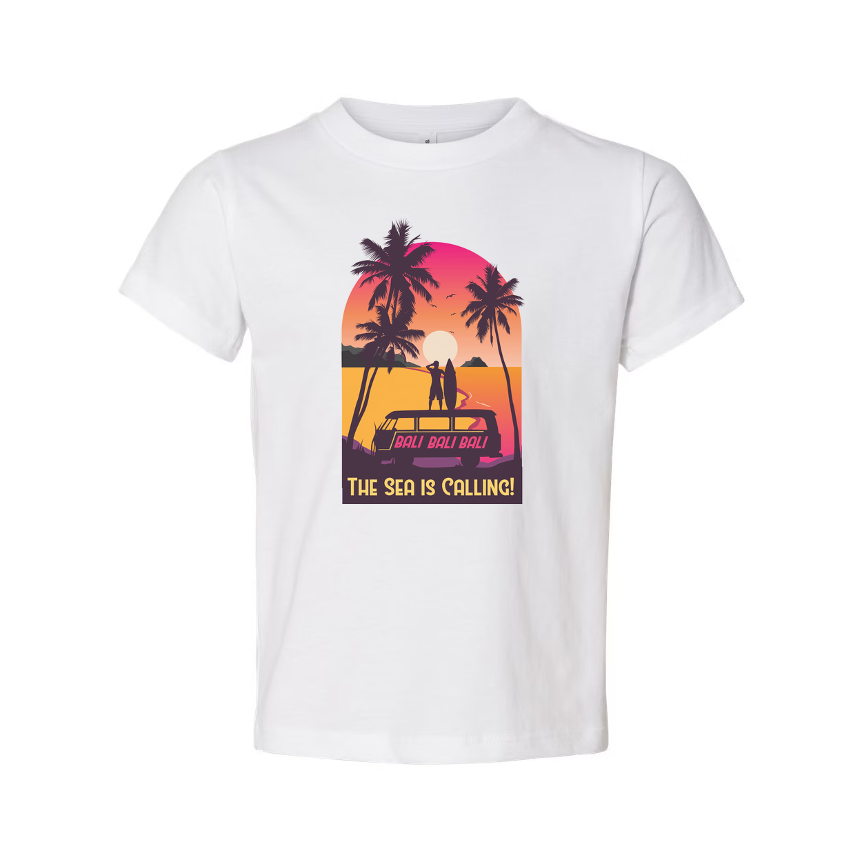 Sunset Surfing Graphic Tee With Palm Trees And The Sea Is Calling For Summer Vacation