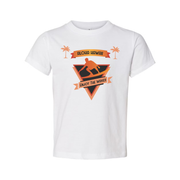 Unisex Surfing Graphic T Shirt With Aloha Hawaii Banner And Wave Surfer Emblem Design