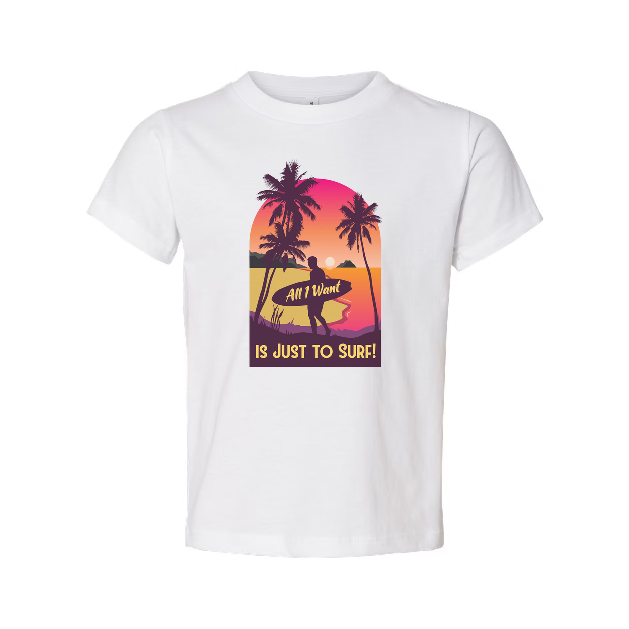 Unisex Surfing T Shirt With Sunset Surfer And Palm Trees Text All I Want Is Just To Surf