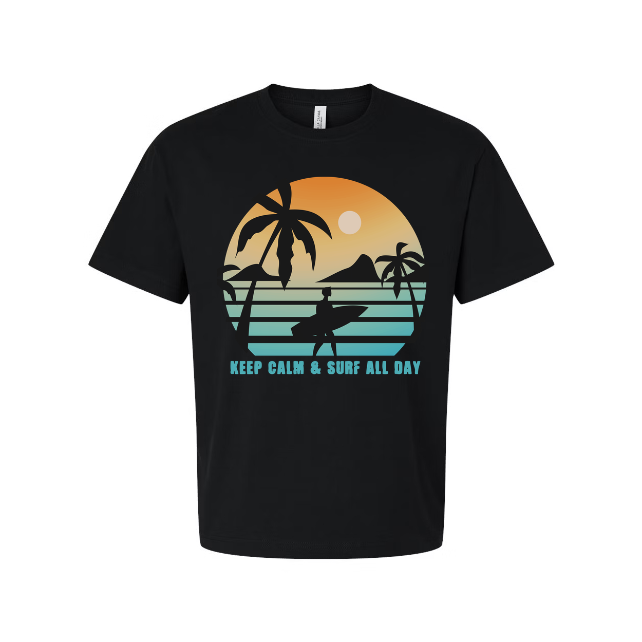 Unisex Sunset Surf Tee With Palm Tree Silhouette And Surfboard Graphic Keep Calm And Surf All Day