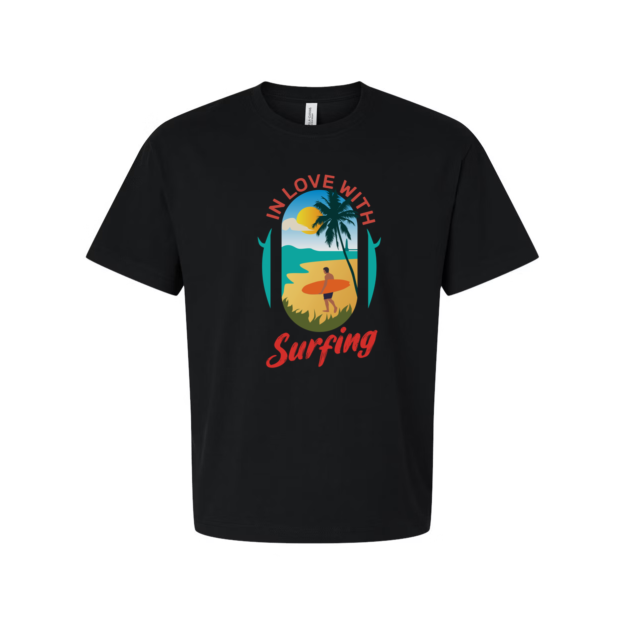 In Love With Surfing Graphic Unisex T Shirt Beach Scene Sunset Palm Design For Surf Lovers Worldwide