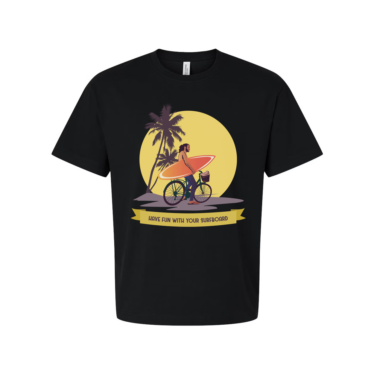Unisex Surfing Graphic T Shirt With Palm Trees Sunset And Surfboard Illustration