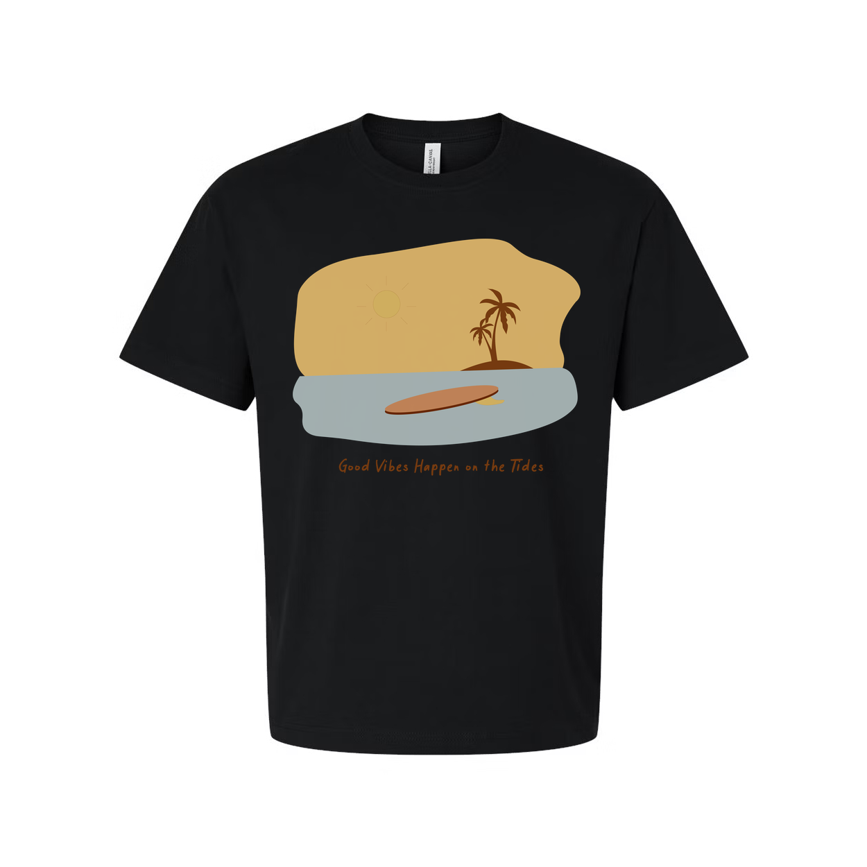 Unisex Surfing Graphic T Shirt With Surfboard Sunset Beach Scene And Palm Tree Artwork