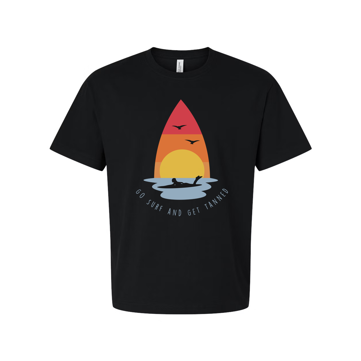 Unisex Surfing T Shirt With Sunset Surfboard Graphic And Ocean Sunrise Design Go Surf And Get Tanned Motif