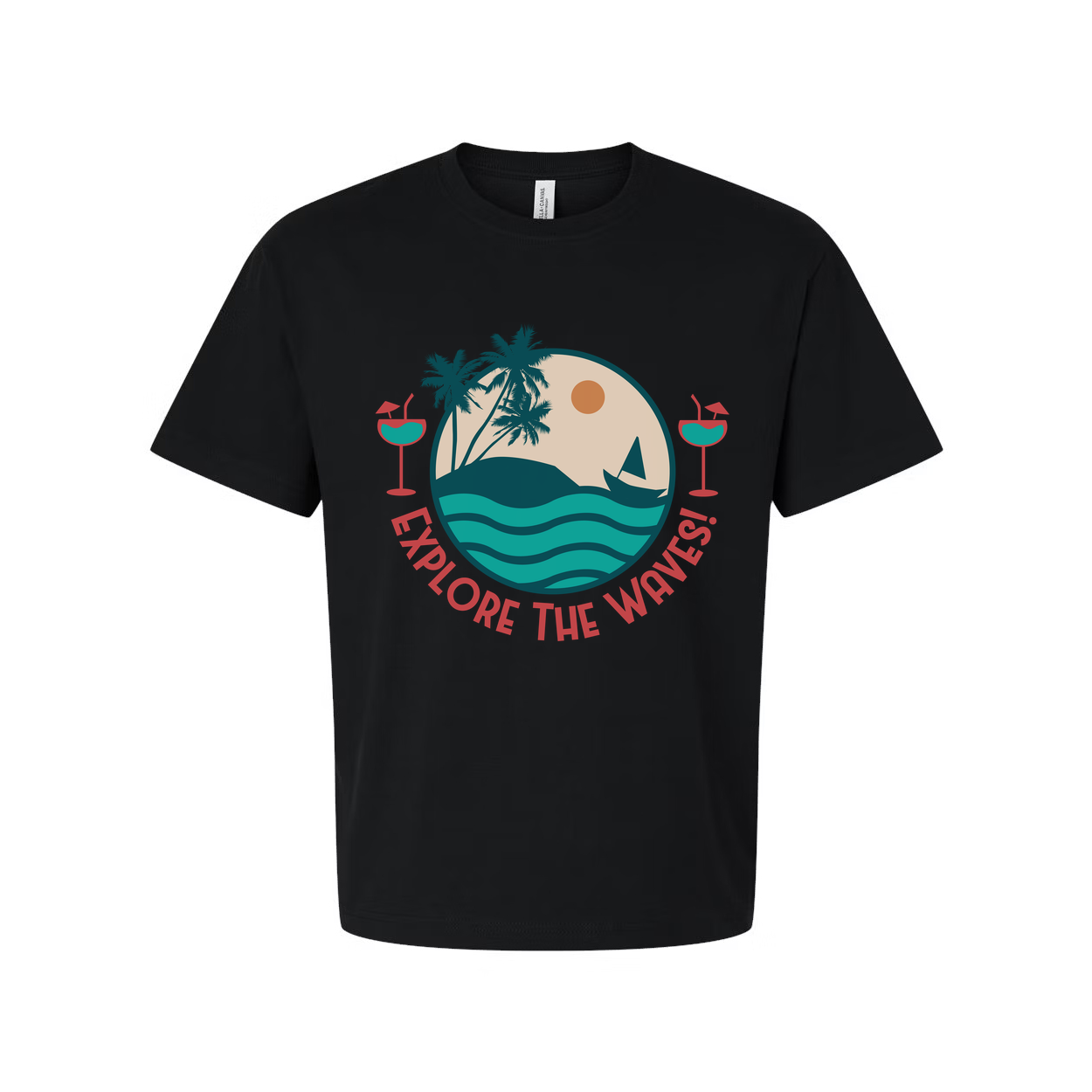 Unisex Surfing Graphic Tee With Circle Beach Scene Palm Trees Waves And Explore The Waves Text