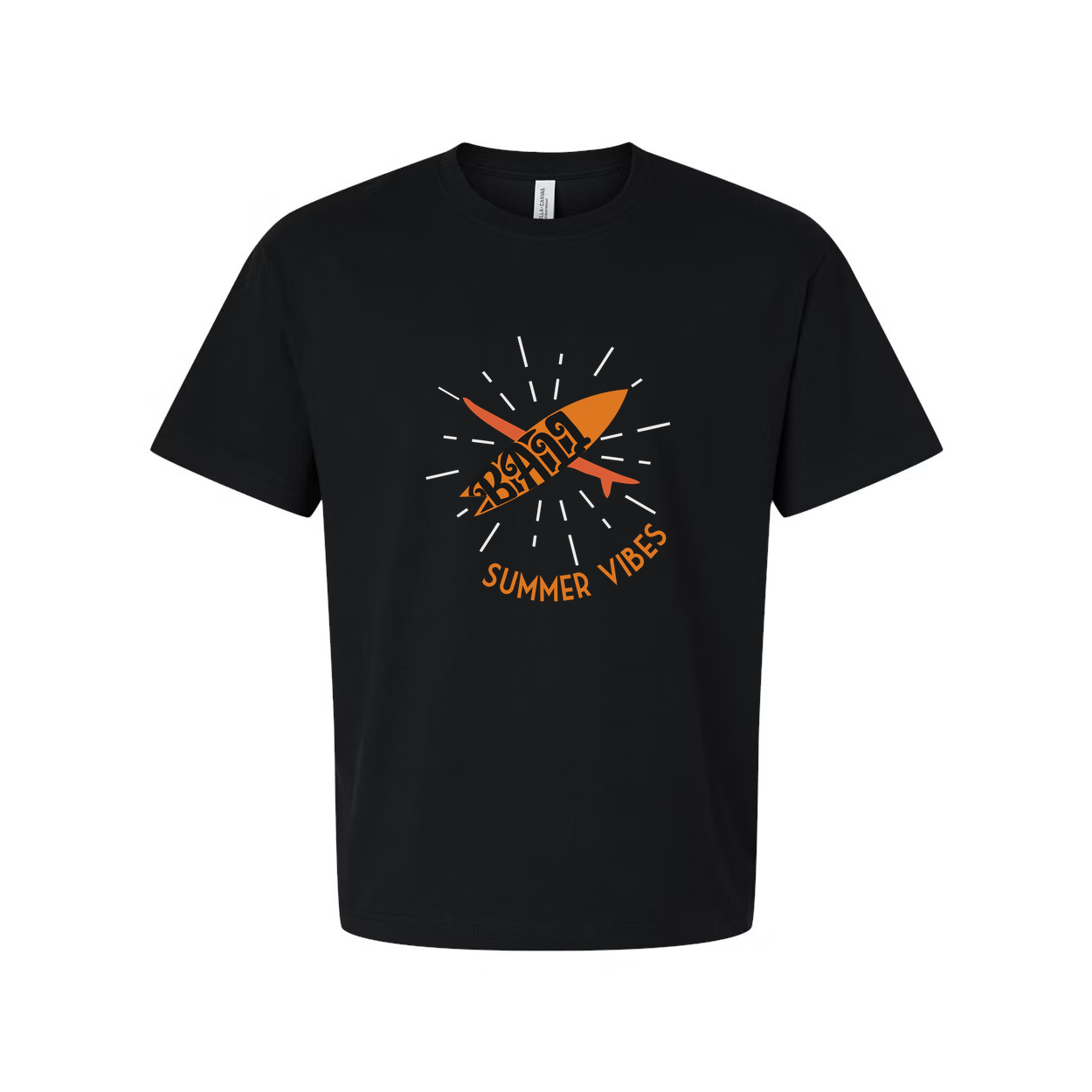 Unisex Surfing Graphic T Shirt With Vibrant Orange Surfboard Design And Summer Vibes