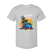 Unisex Surf Design T Shirt With Retro VW Van Palm Trees Sunset Background And Beach Vibe