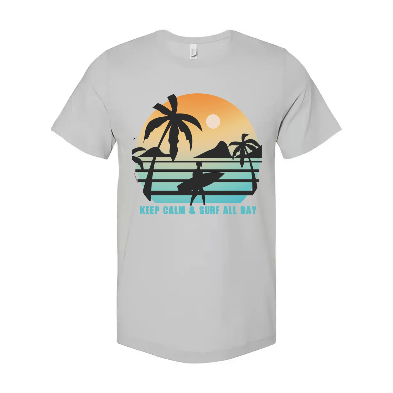 Unisex Sunset Surf Tee With Palm Tree Silhouette And Surfboard Graphic Keep Calm And Surf All Day