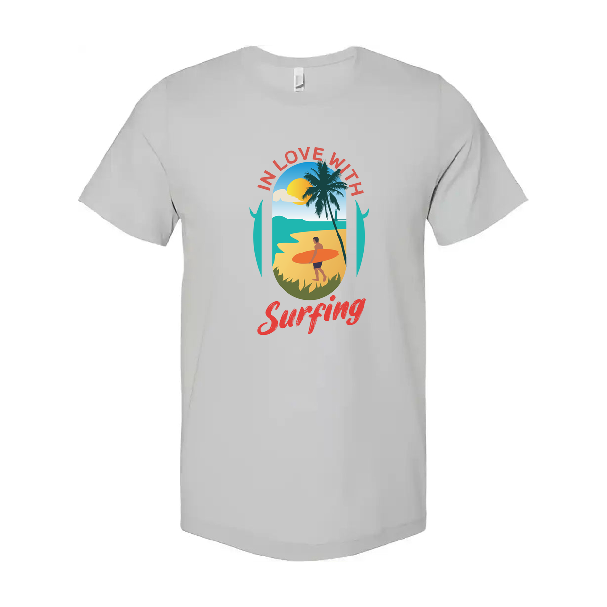 In Love With Surfing Graphic Unisex T Shirt Beach Scene Sunset Palm Design For Surf Lovers Worldwide