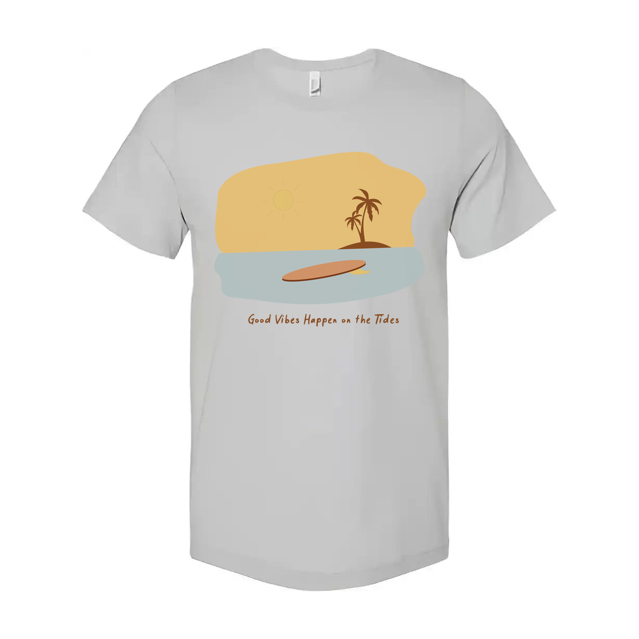 Unisex Surfing Graphic T Shirt With Surfboard Sunset Beach Scene And Palm Tree Artwork
