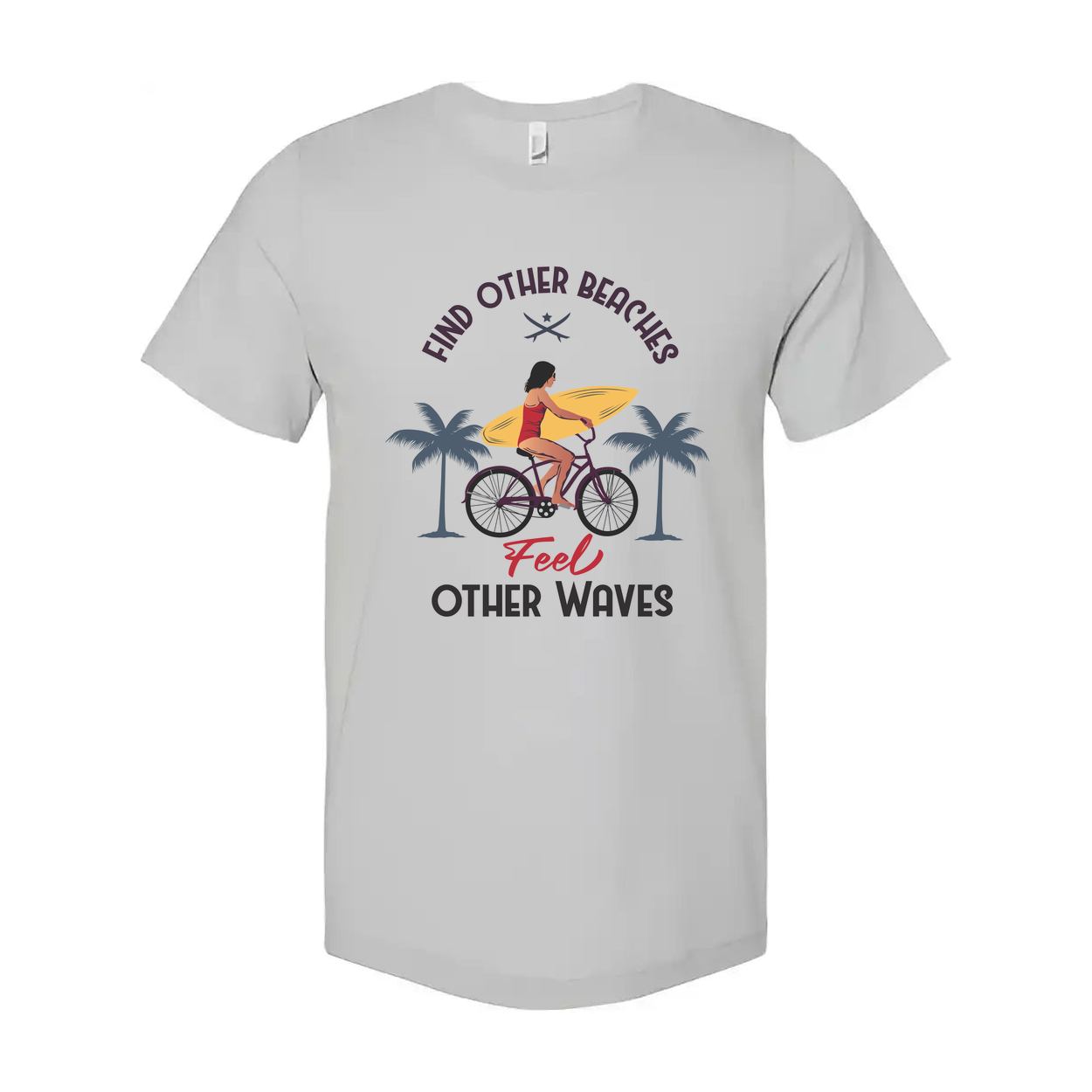 Unisex Surfing Graphic Tee With Surfboard Ride And Palm Trees On Beach Scene For Summer Vibes