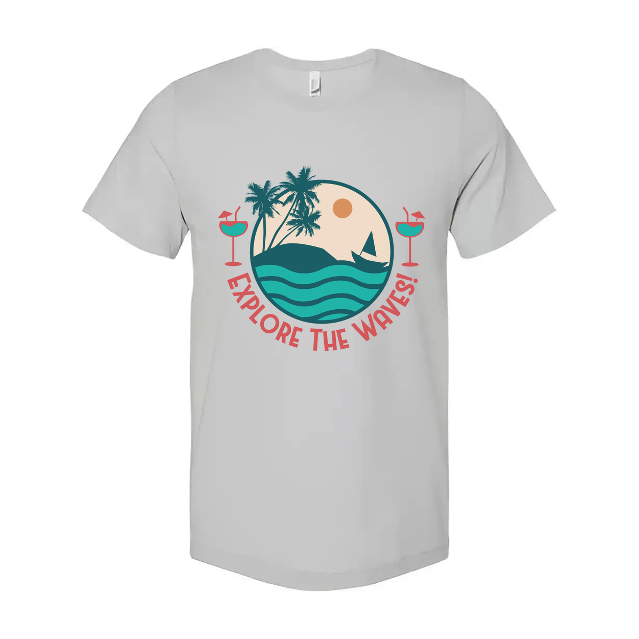 Unisex Surfing Graphic Tee With Circle Beach Scene Palm Trees Waves And Explore The Waves Text