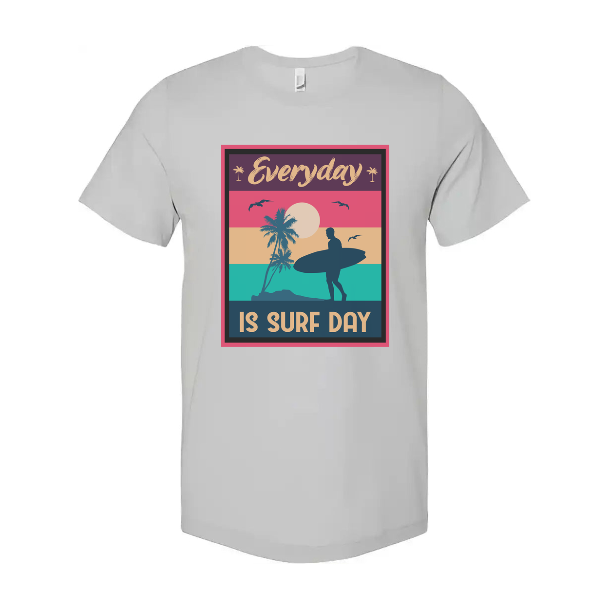 Everyday Is Surf Day Unisex Graphic Tee With Retro Sunset Beach Surfer Silhouette