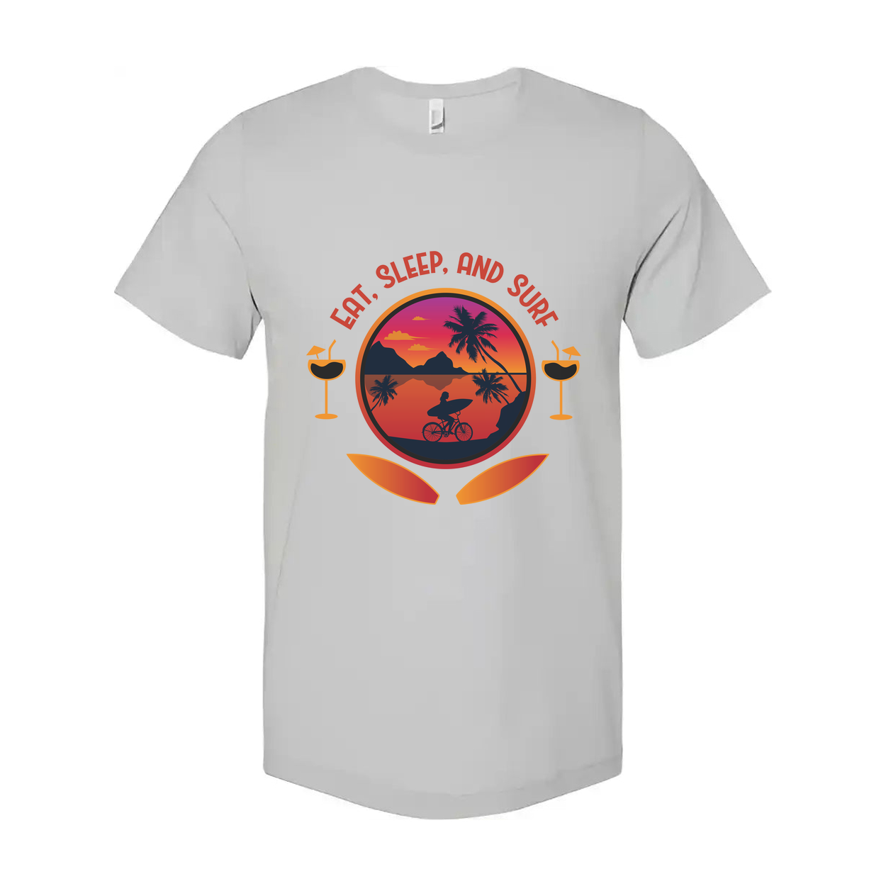 Eat Sleep And Surf Graphic Tee For Unisex Wear With Sunset Beach Scene And Palm Trees