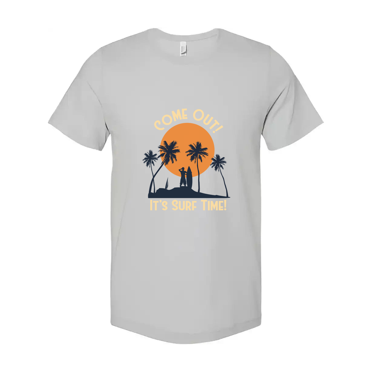 Unisex Surfing T Shirt With Sunset Palm Tree Silhouette And Come Out Its Surf Time