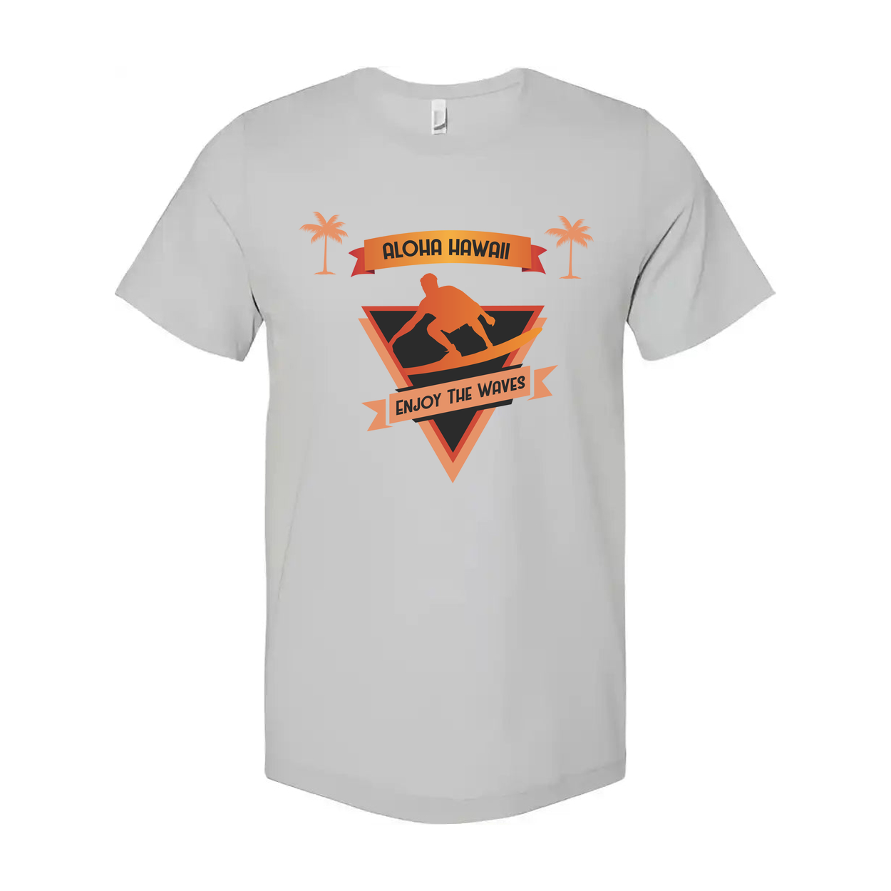 Unisex Surfing Graphic T Shirt With Aloha Hawaii Banner And Wave Surfer Emblem Design