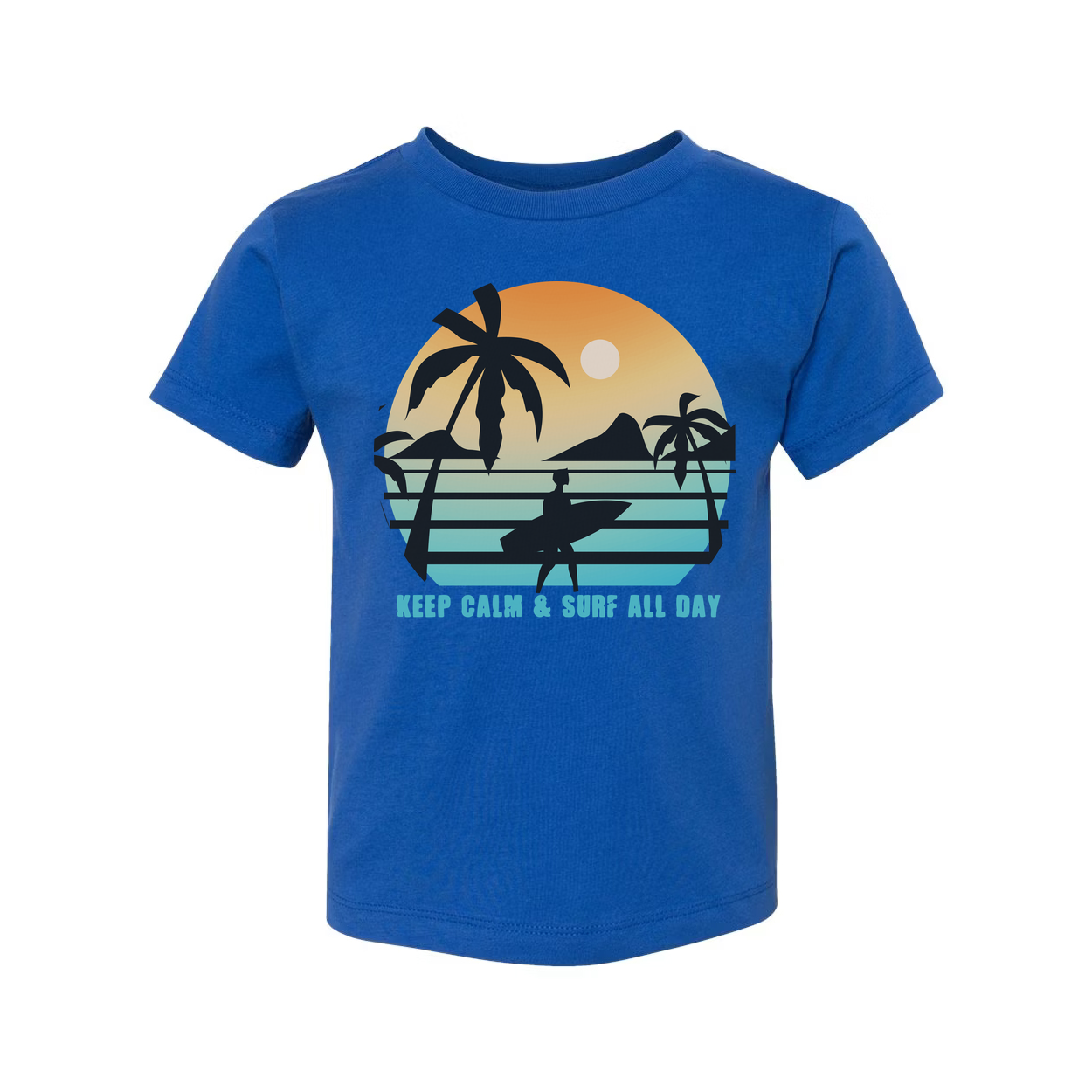 Unisex Sunset Surf Tee With Palm Tree Silhouette And Surfboard Graphic Keep Calm And Surf All Day