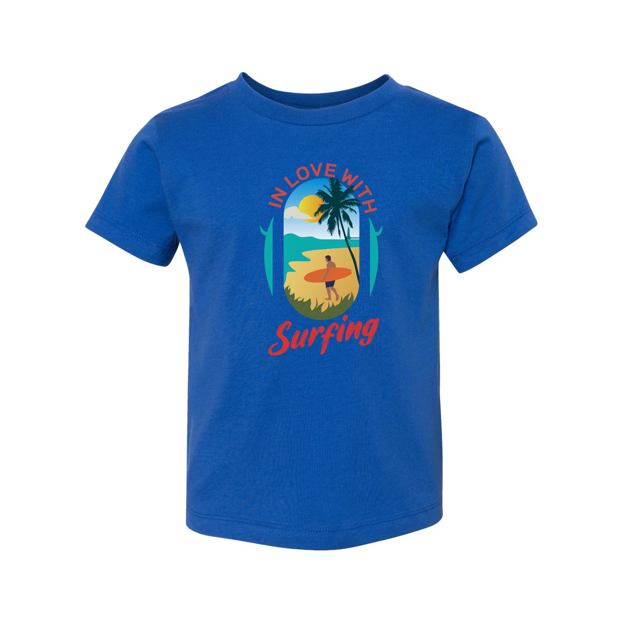 In Love With Surfing Graphic Unisex T Shirt Beach Scene Sunset Palm Design For Surf Lovers Worldwide