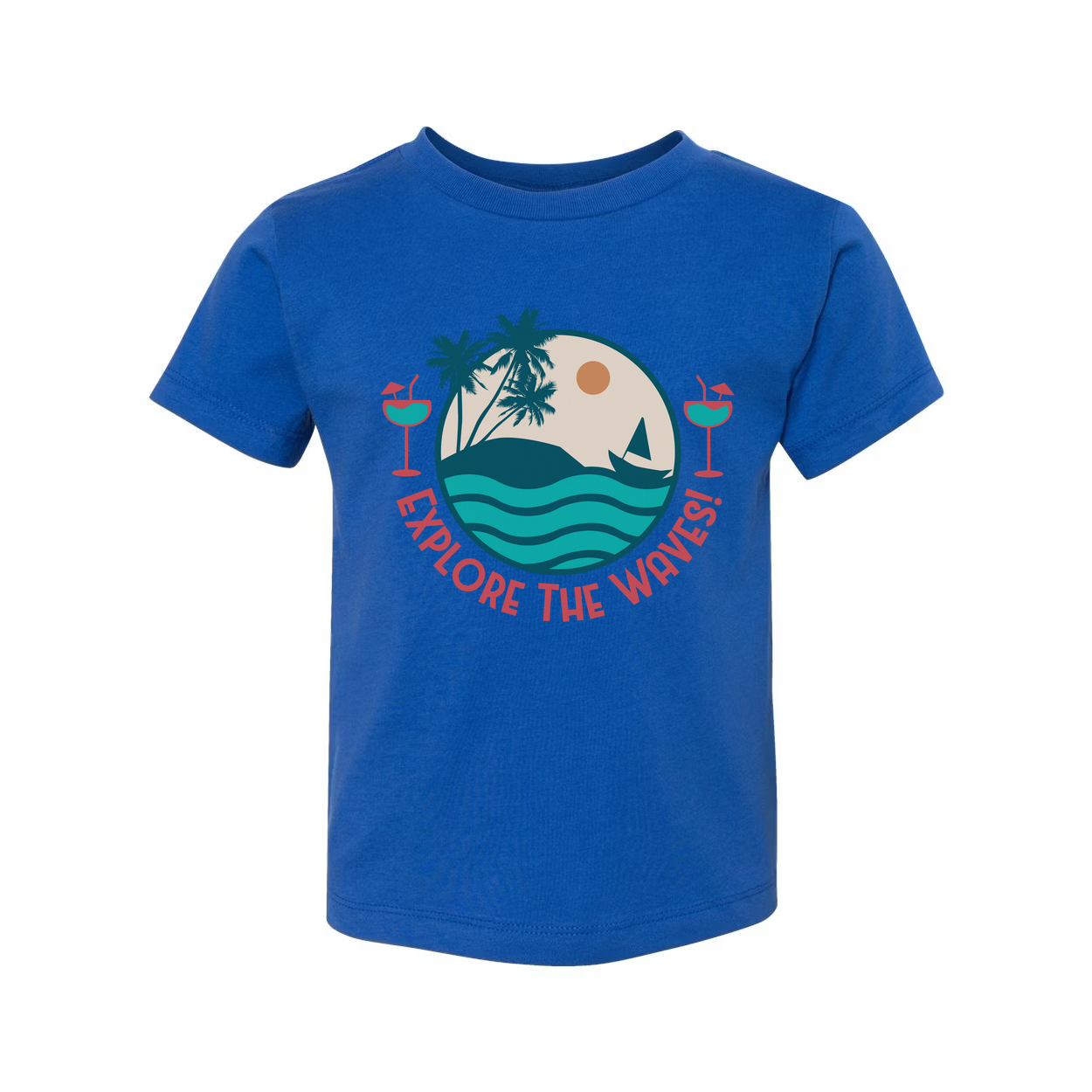 Unisex Surfing Graphic Tee With Circle Beach Scene Palm Trees Waves And Explore The Waves Text