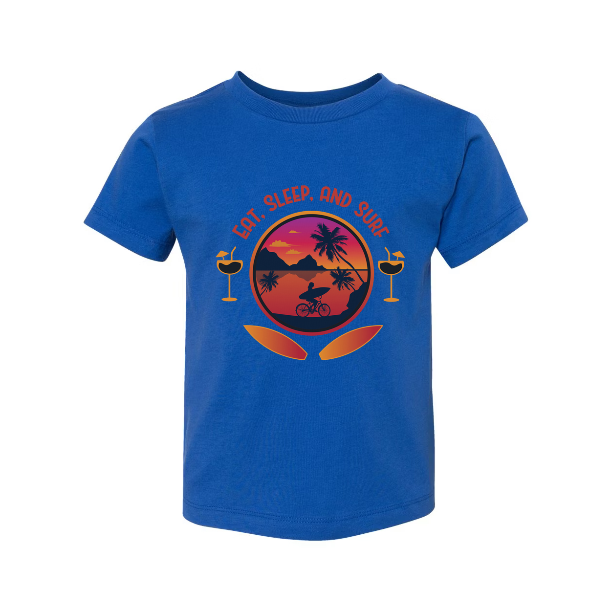 Eat Sleep And Surf Graphic Tee For Unisex Wear With Sunset Beach Scene And Palm Trees