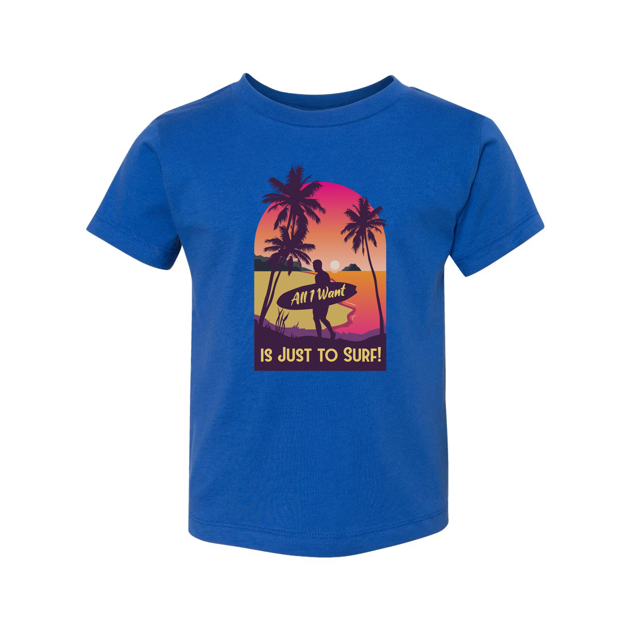 Unisex Surfing T Shirt With Sunset Surfer And Palm Trees Text All I Want Is Just To Surf