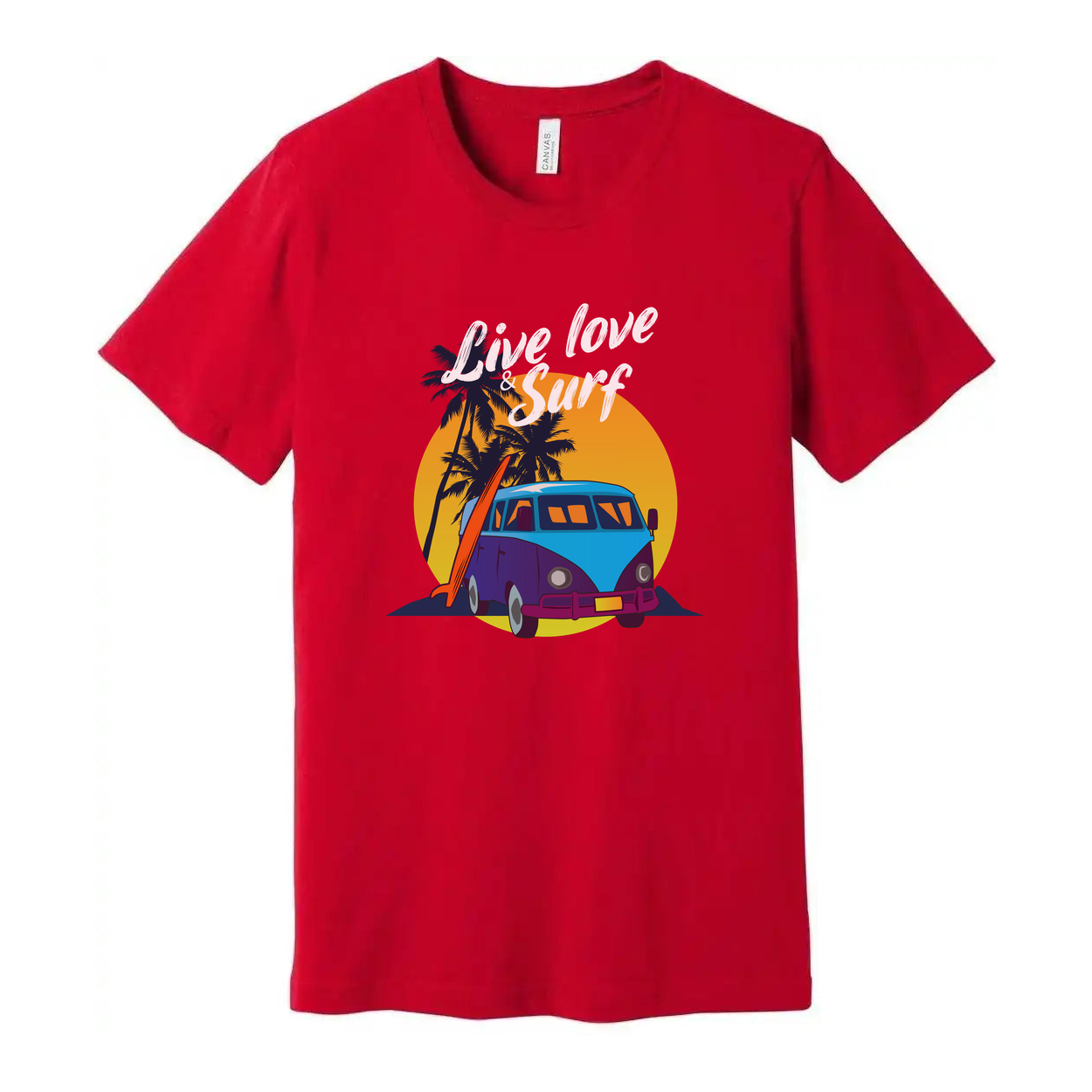Unisex Surf Design T Shirt With Retro VW Van Palm Trees Sunset Background And Beach Vibe