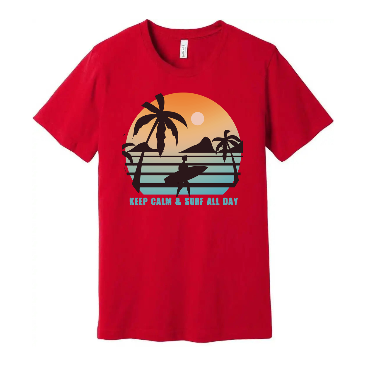 Unisex Sunset Surf Tee With Palm Tree Silhouette And Surfboard Graphic Keep Calm And Surf All Day