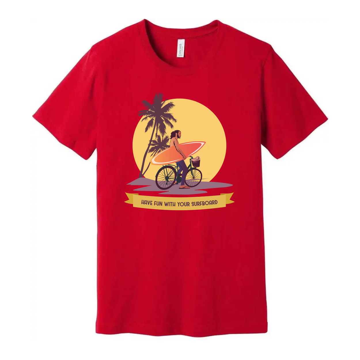 Unisex Surfing Graphic T Shirt With Palm Trees Sunset And Surfboard Illustration