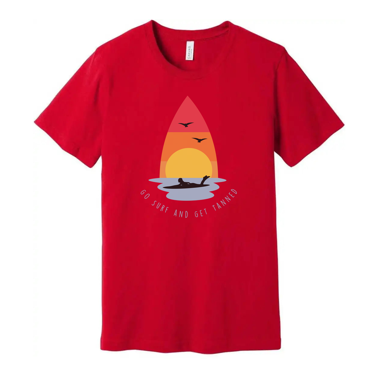 Unisex Surfing T Shirt With Sunset Surfboard Graphic And Ocean Sunrise Design Go Surf And Get Tanned Motif