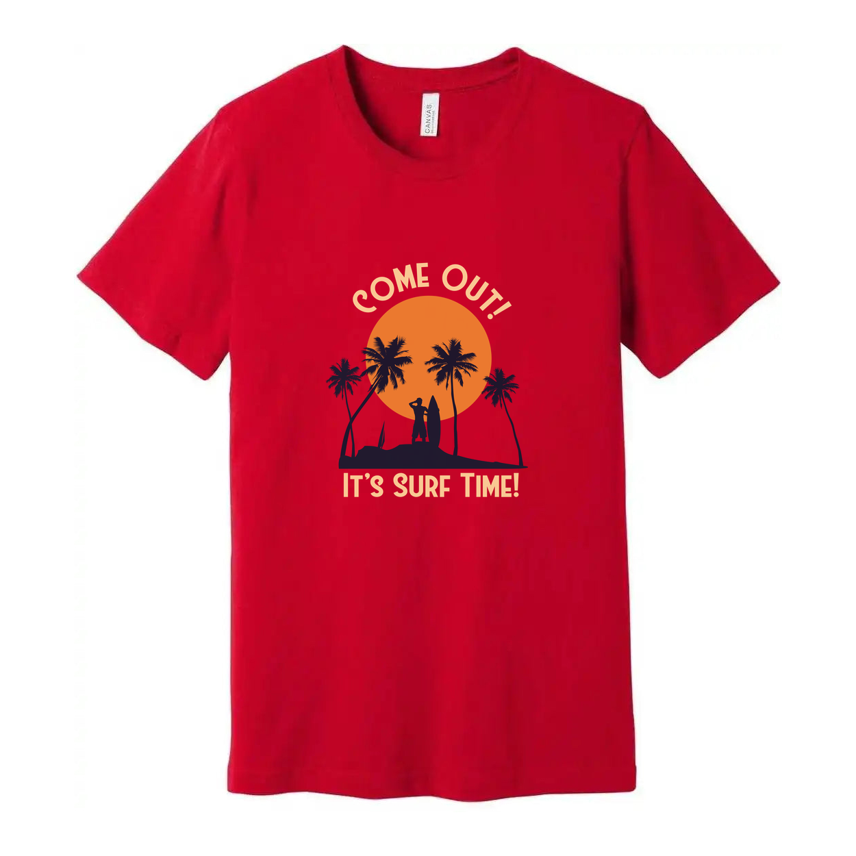 Unisex Surfing T Shirt With Sunset Palm Tree Silhouette And Come Out Its Surf Time