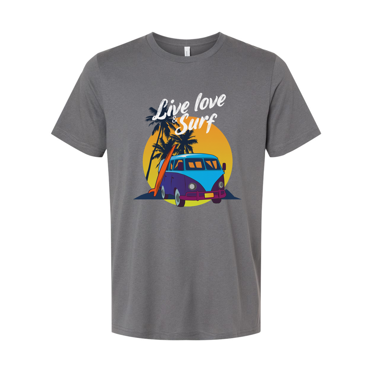 Unisex Surf Design T Shirt With Retro VW Van Palm Trees Sunset Background And Beach Vibe