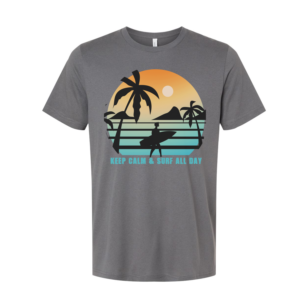 Unisex Sunset Surf Tee With Palm Tree Silhouette And Surfboard Graphic Keep Calm And Surf All Day