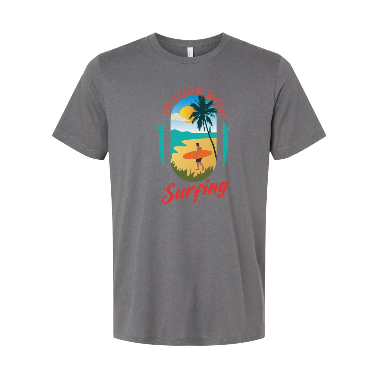 In Love With Surfing Graphic Unisex T Shirt Beach Scene Sunset Palm Design For Surf Lovers Worldwide