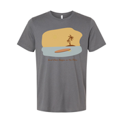 Unisex Surfing Graphic T Shirt With Surfboard Sunset Beach Scene And Palm Tree Artwork