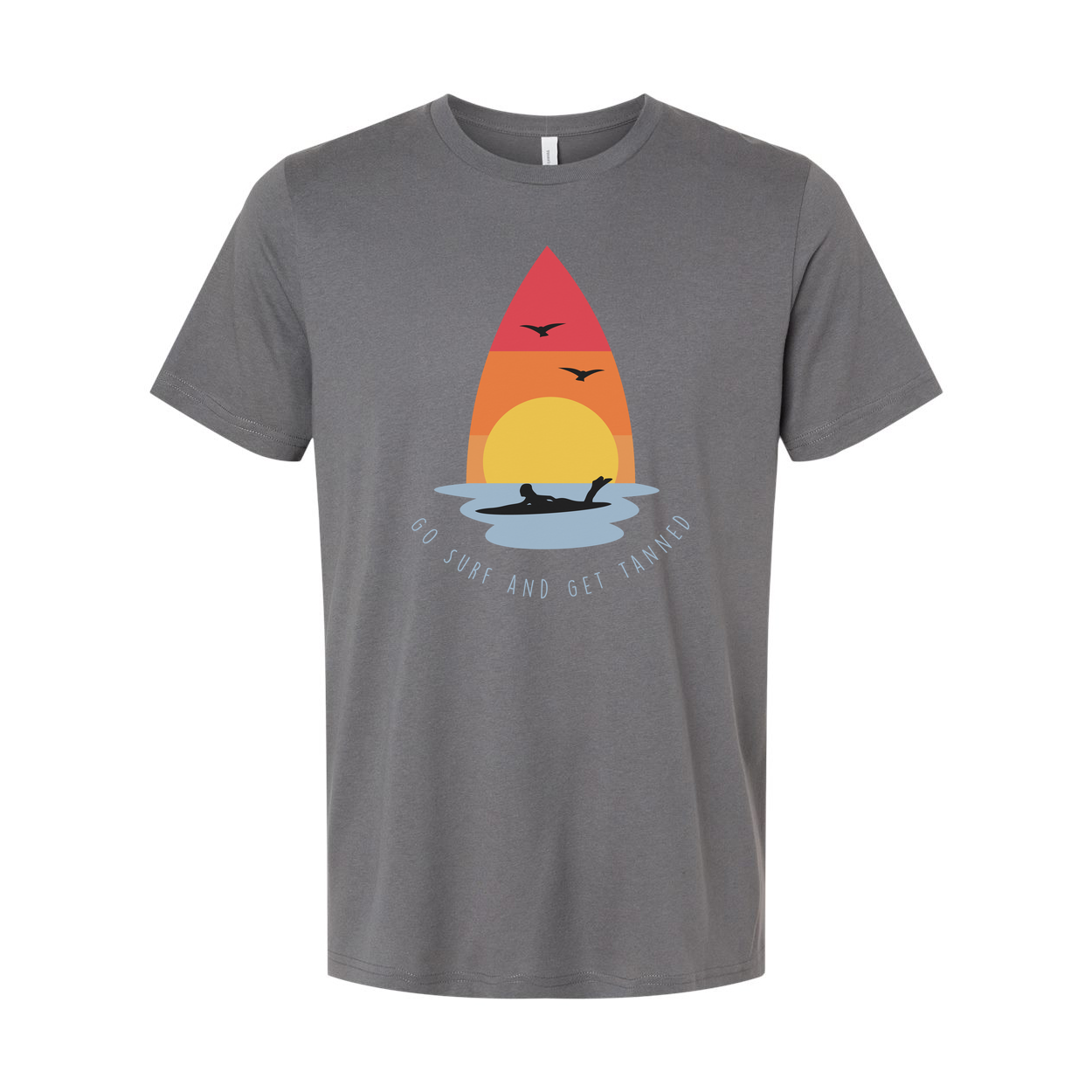 Unisex Surfing T Shirt With Sunset Surfboard Graphic And Ocean Sunrise Design Go Surf And Get Tanned Motif