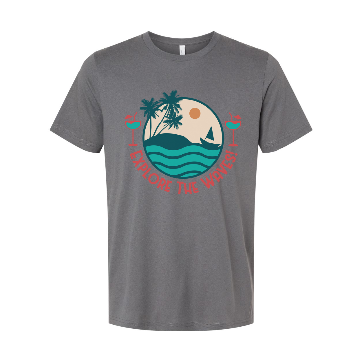 Unisex Surfing Graphic Tee With Circle Beach Scene Palm Trees Waves And Explore The Waves Text