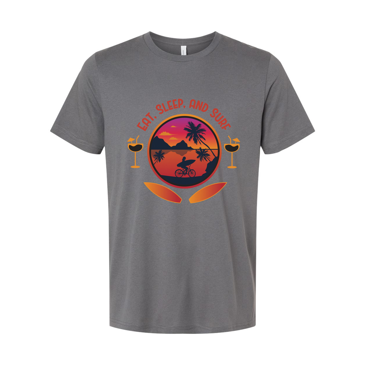 Eat Sleep And Surf Graphic Tee For Unisex Wear With Sunset Beach Scene And Palm Trees