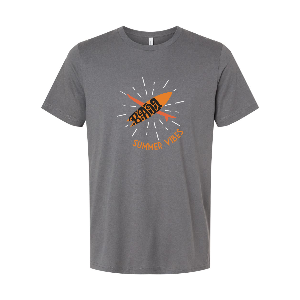 Unisex Surfing Graphic T Shirt With Vibrant Orange Surfboard Design And Summer Vibes