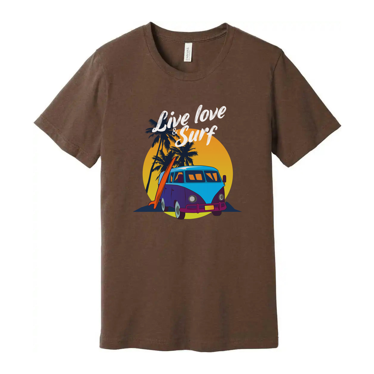 Unisex Surf Design T Shirt With Retro VW Van Palm Trees Sunset Background And Beach Vibe