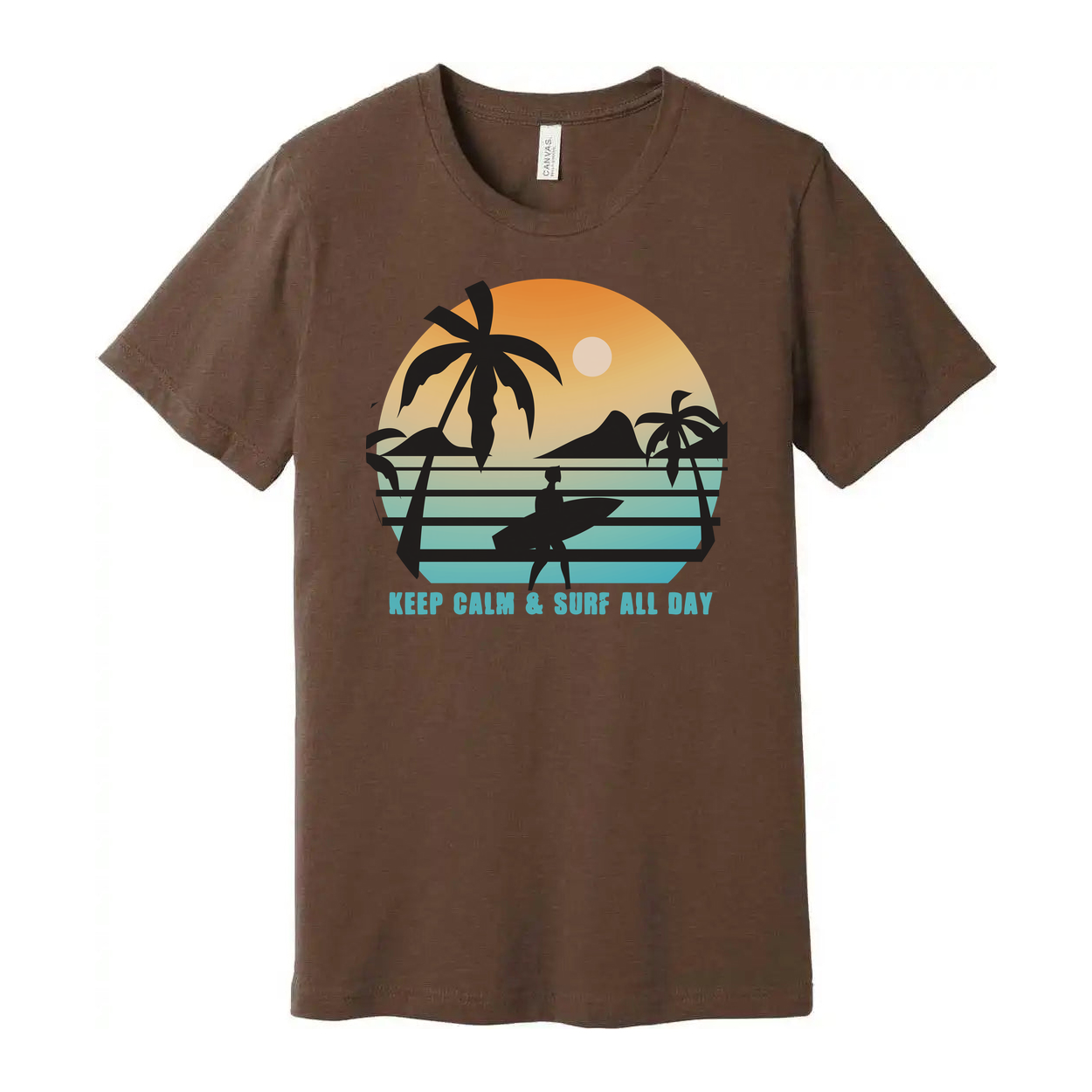 Unisex Sunset Surf Tee With Palm Tree Silhouette And Surfboard Graphic Keep Calm And Surf All Day