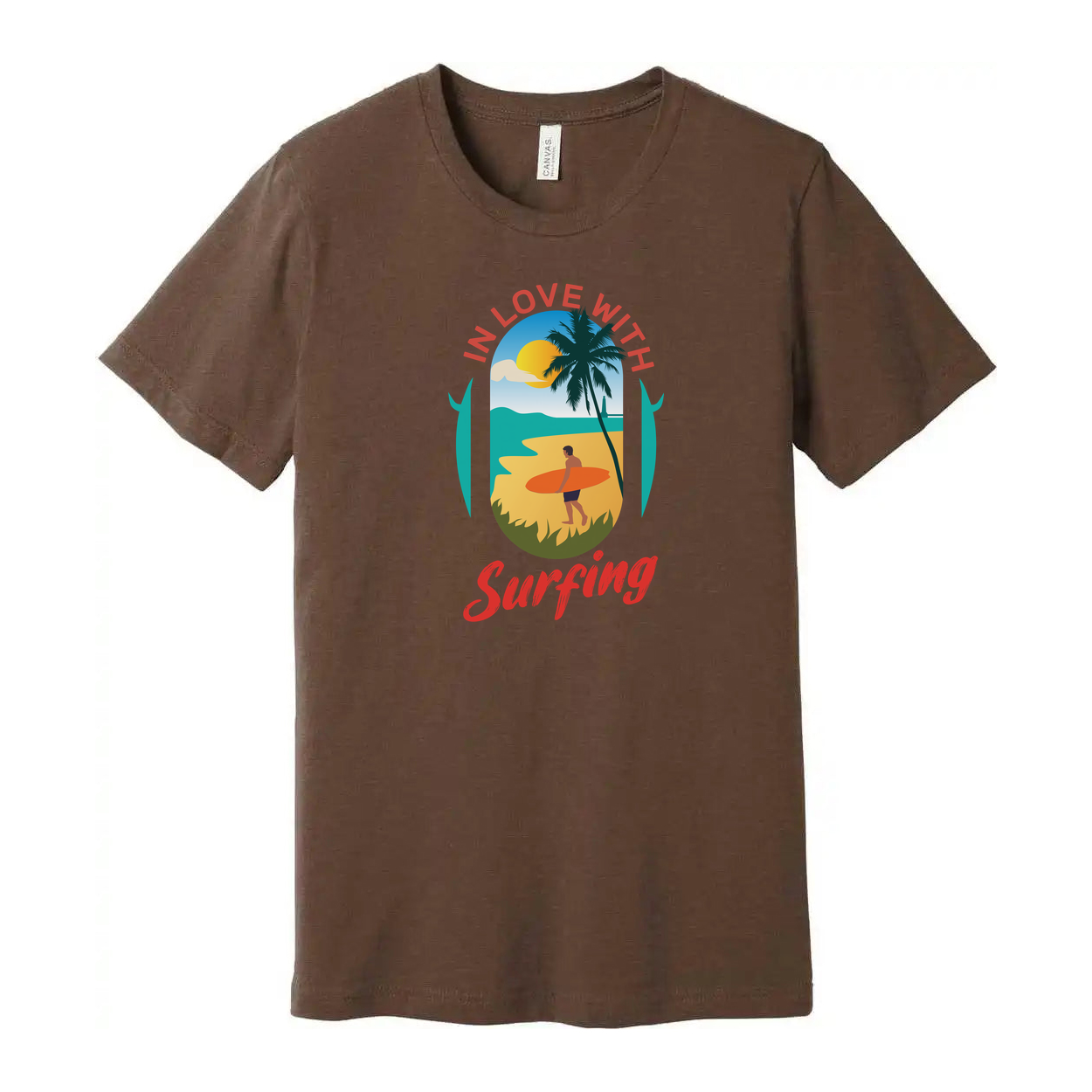 In Love With Surfing Graphic Unisex T Shirt Beach Scene Sunset Palm Design For Surf Lovers Worldwide