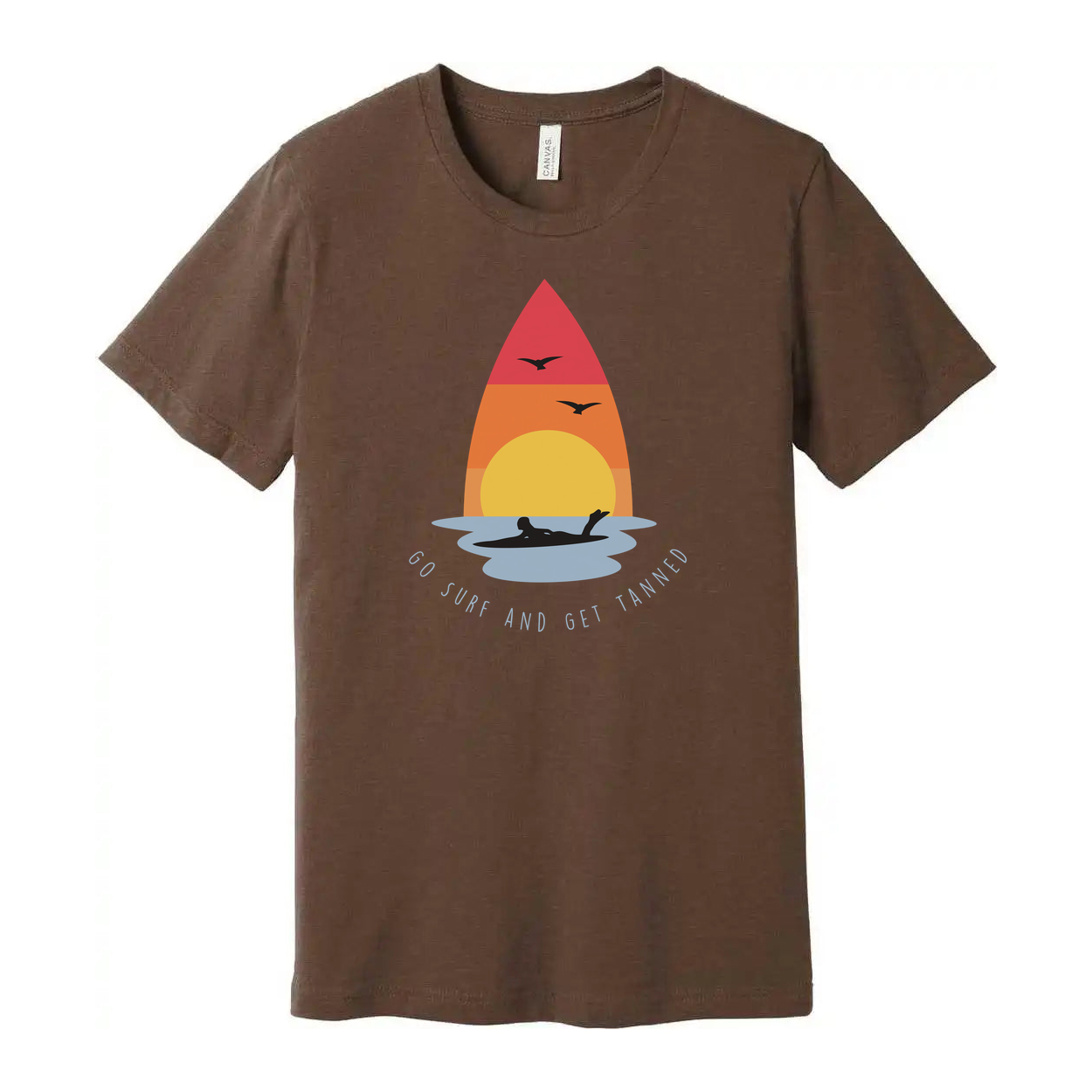 Unisex Surfing T Shirt With Sunset Surfboard Graphic And Ocean Sunrise Design Go Surf And Get Tanned Motif