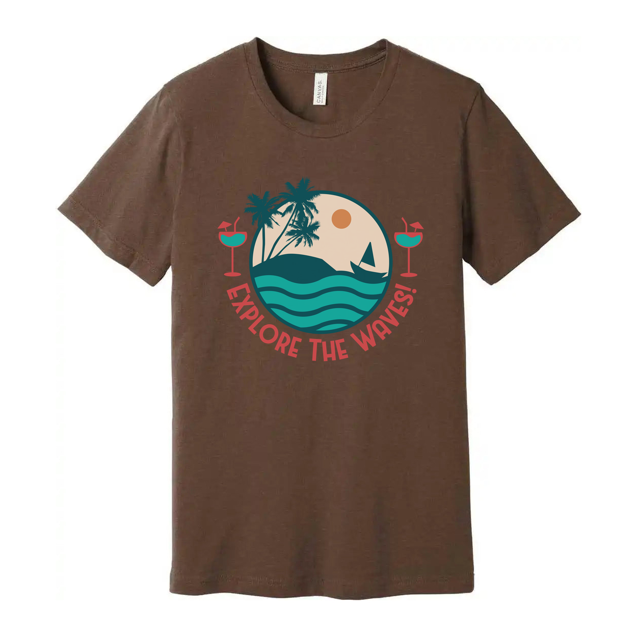 Unisex Surfing Graphic Tee With Circle Beach Scene Palm Trees Waves And Explore The Waves Text