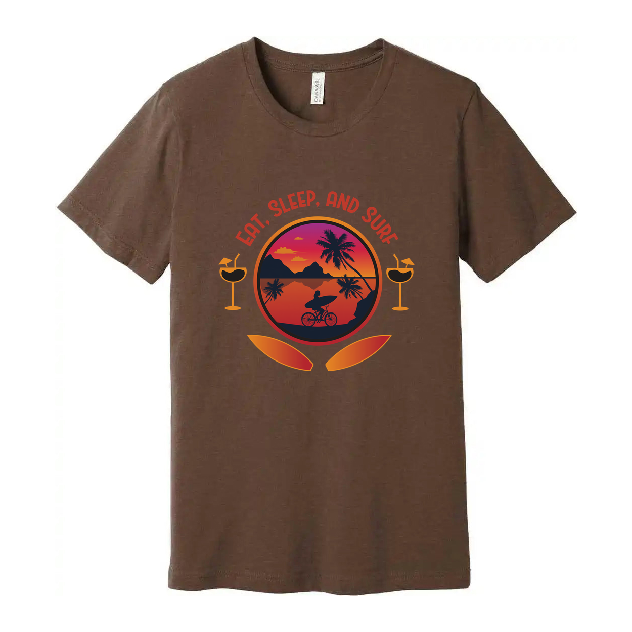 Eat Sleep And Surf Graphic Tee For Unisex Wear With Sunset Beach Scene And Palm Trees