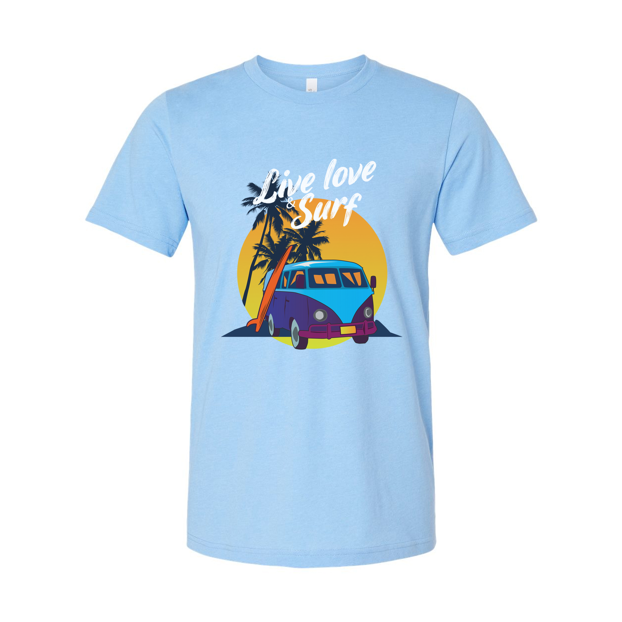 Unisex Surf Design T Shirt With Retro VW Van Palm Trees Sunset Background And Beach Vibe