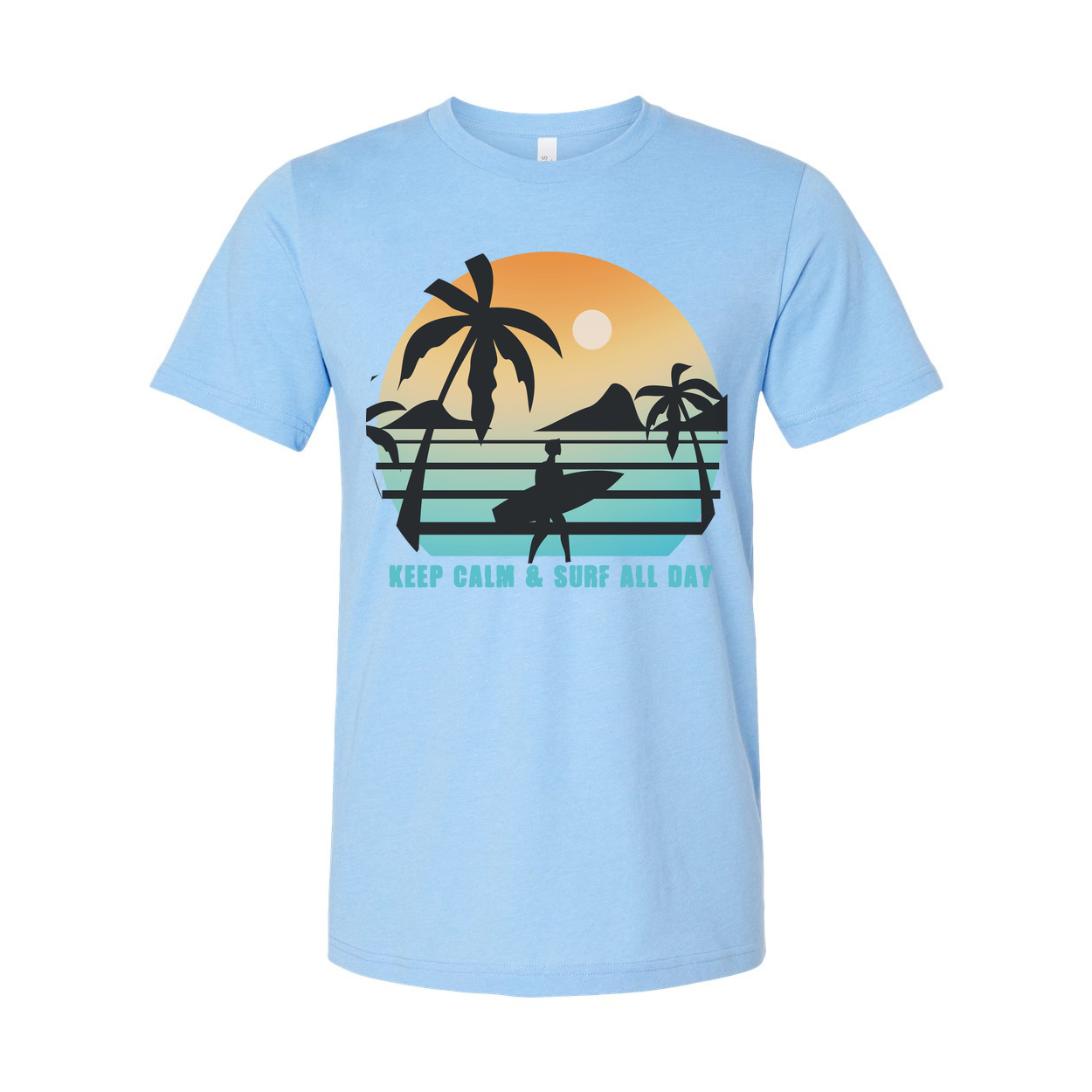 Unisex Sunset Surf Tee With Palm Tree Silhouette And Surfboard Graphic Keep Calm And Surf All Day